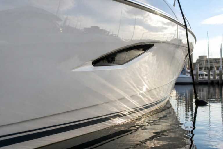Yacht ceramic coating on a glossy yacht hull in Fort Lauderdale