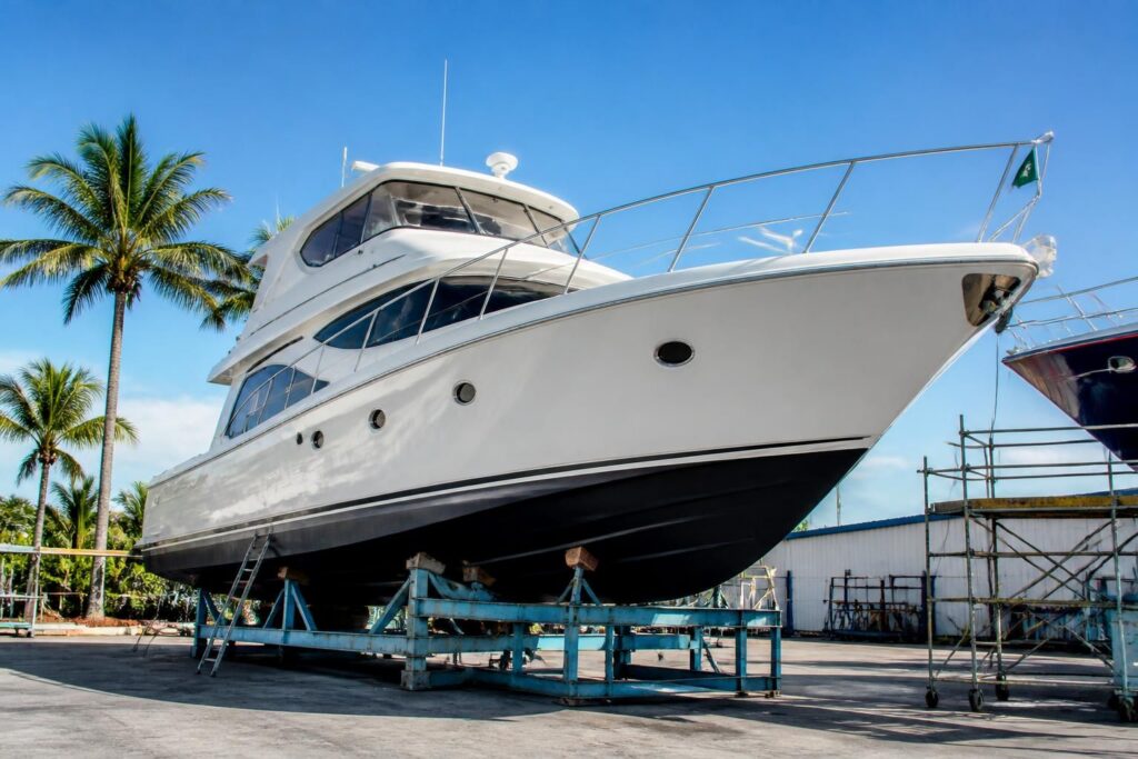 Yacht refit services in Fort Lauderdale with a refinished yacht hull at a boatyard
