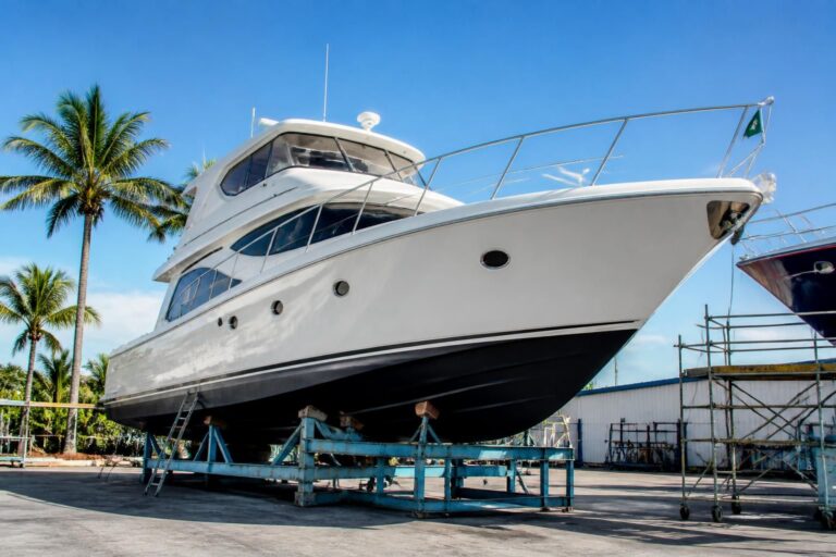 Yacht refit services in Fort Lauderdale with a refinished yacht hull at a boatyard
